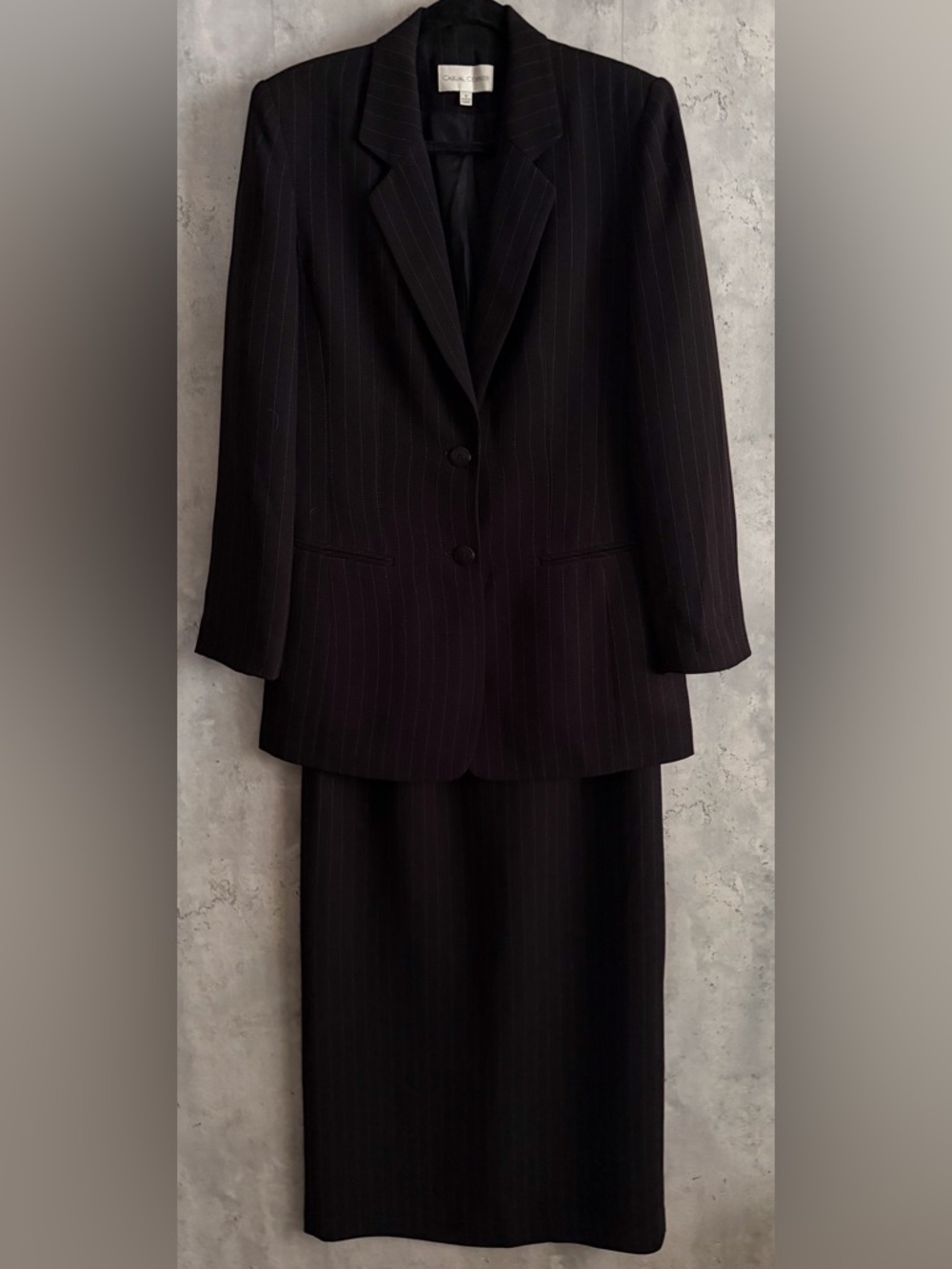 Casual Corner Professional Black Pinstripe  Button Up Jacket Long Skirt Suit Sz8